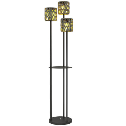 Boho Rattan Floor Lamp, 3-Lights Rattan Lamp with Shelf, Freestanding Solar Garden Light with Auto On/Off Lights, Grey
