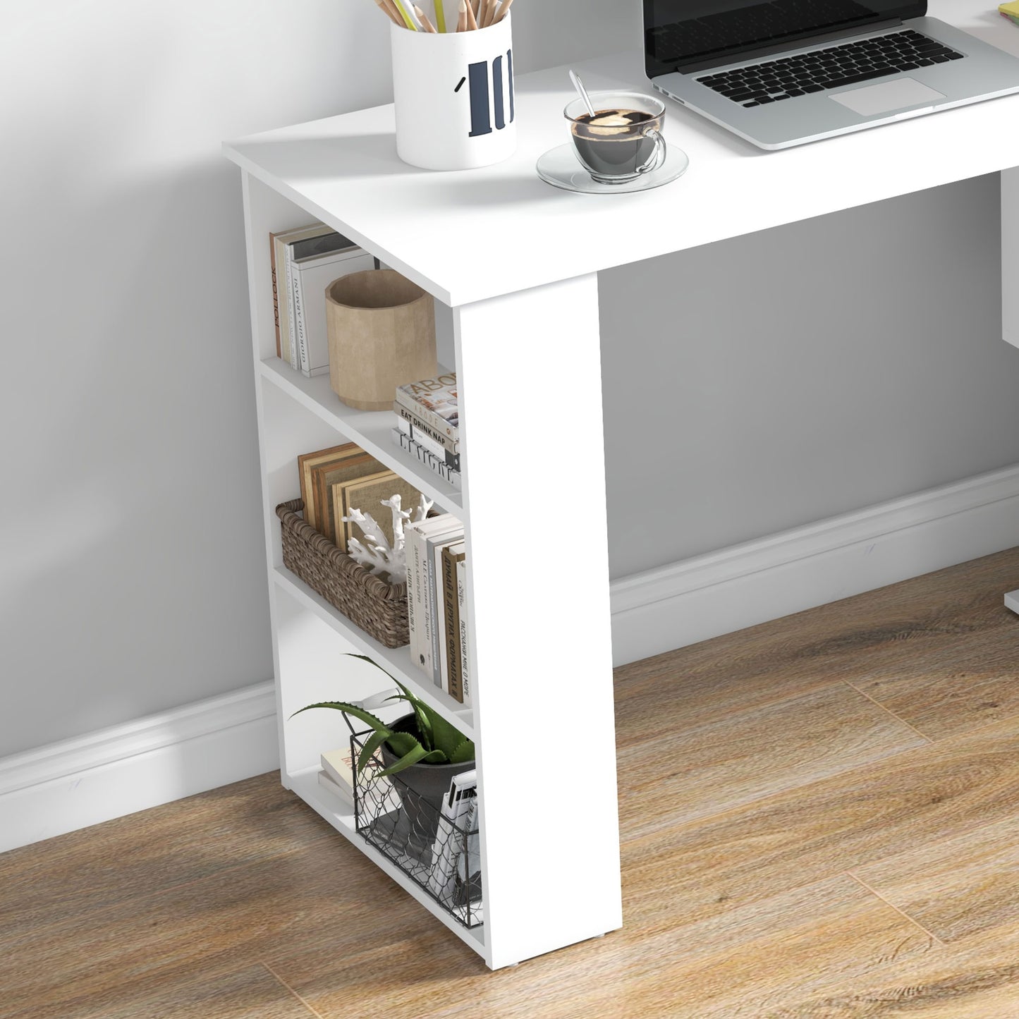Corner Computer Desk, L Shaped Desk with 360° Rotating Bookshelf, 120L x 110W x 74.5H cm, White