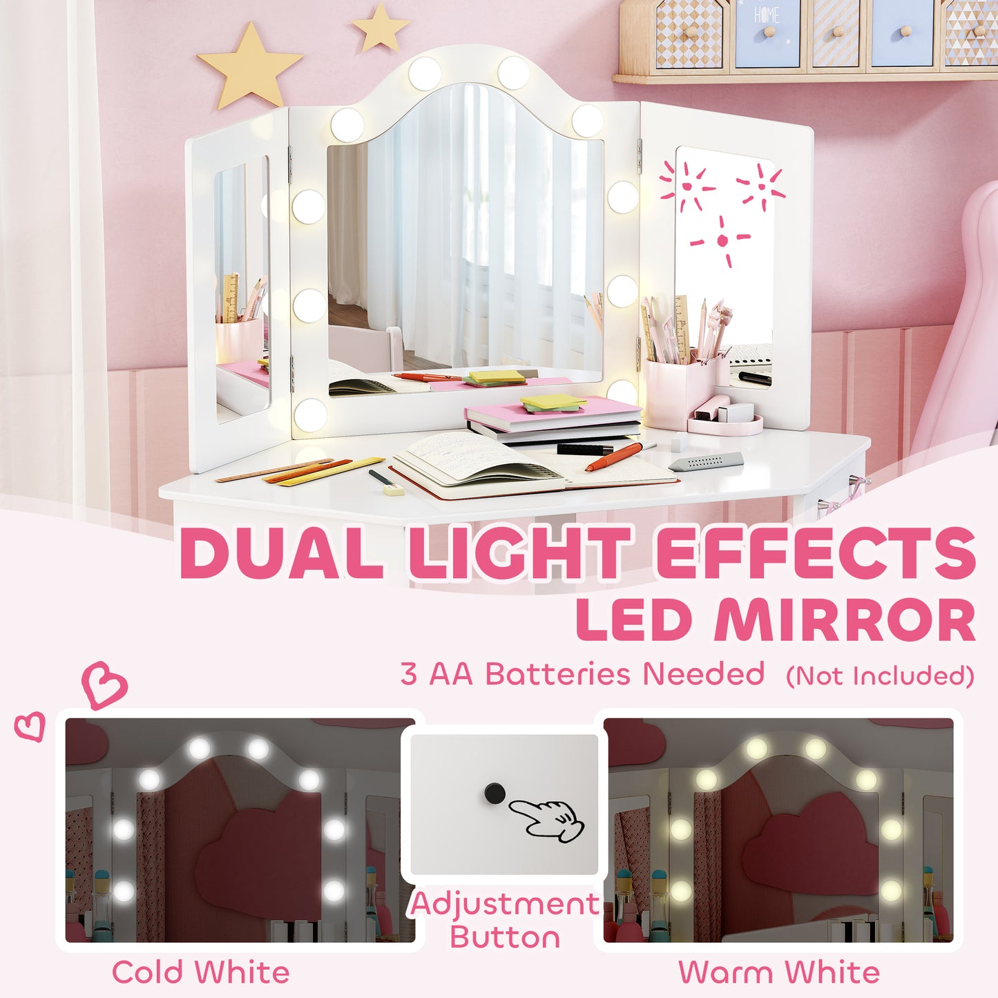 Kids Dressing Table and Stool Set, Girls Vanity Table with 2-Colour LED Lights, Tri-Folding Mirror, White