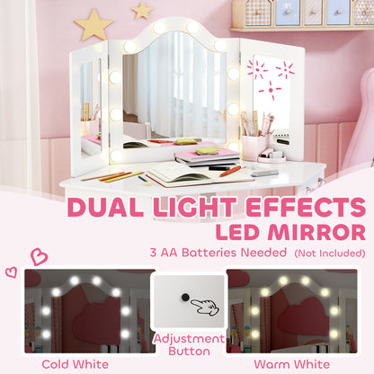 Kids Dressing Table and Stool Set, Girls Vanity Table with 2-Colour LED Lights, Tri-Folding Mirror, White