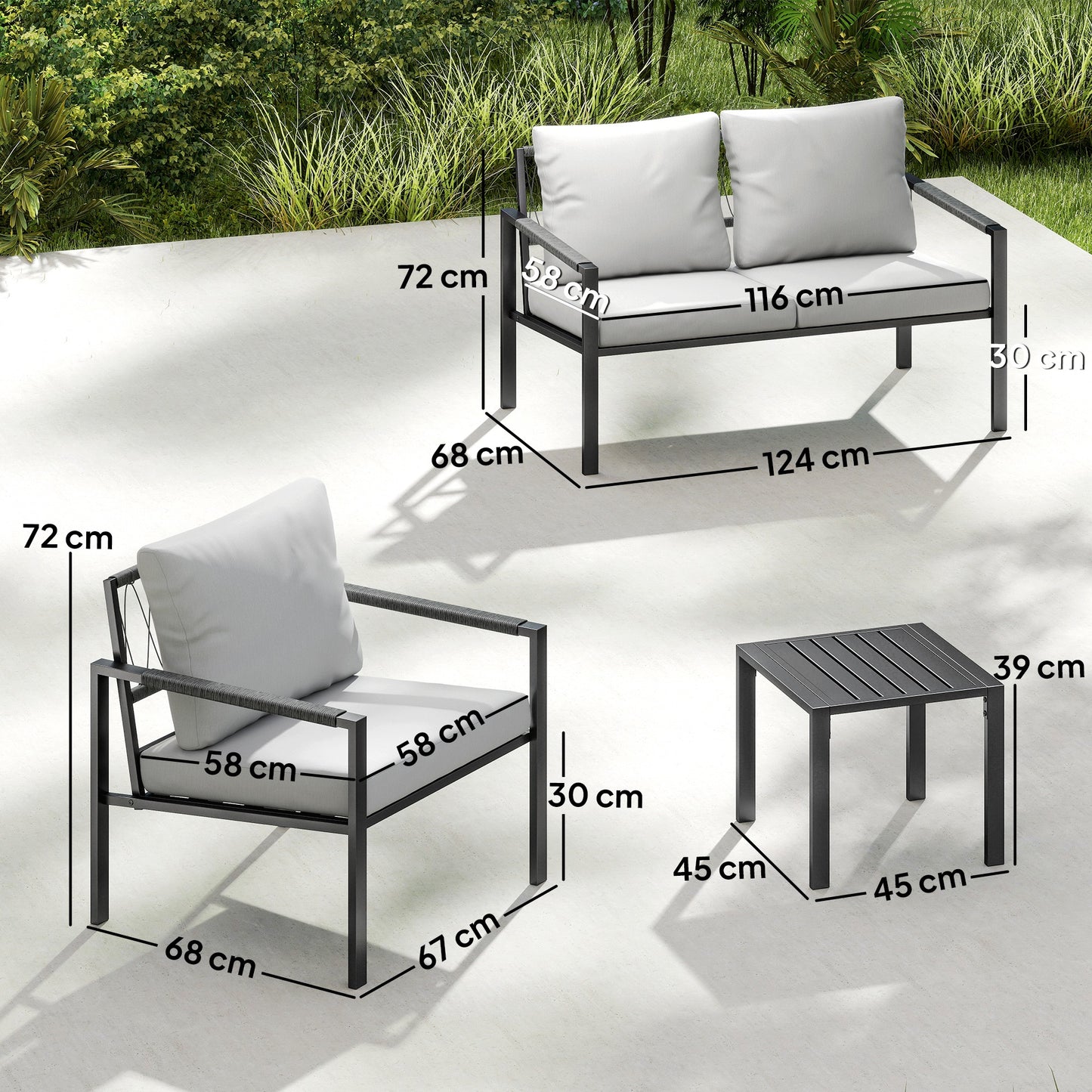 5 Piece Metal Garden Furniture Sofa Set with Thickened Cushions, Loveseat, 2 Armchairs, 2 Coffee Tables, Light Grey