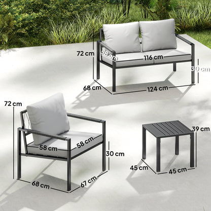 5 Piece Metal Garden Furniture Sofa Set with Thickened Cushions, Loveseat, 2 Armchairs, 2 Coffee Tables, Light Grey