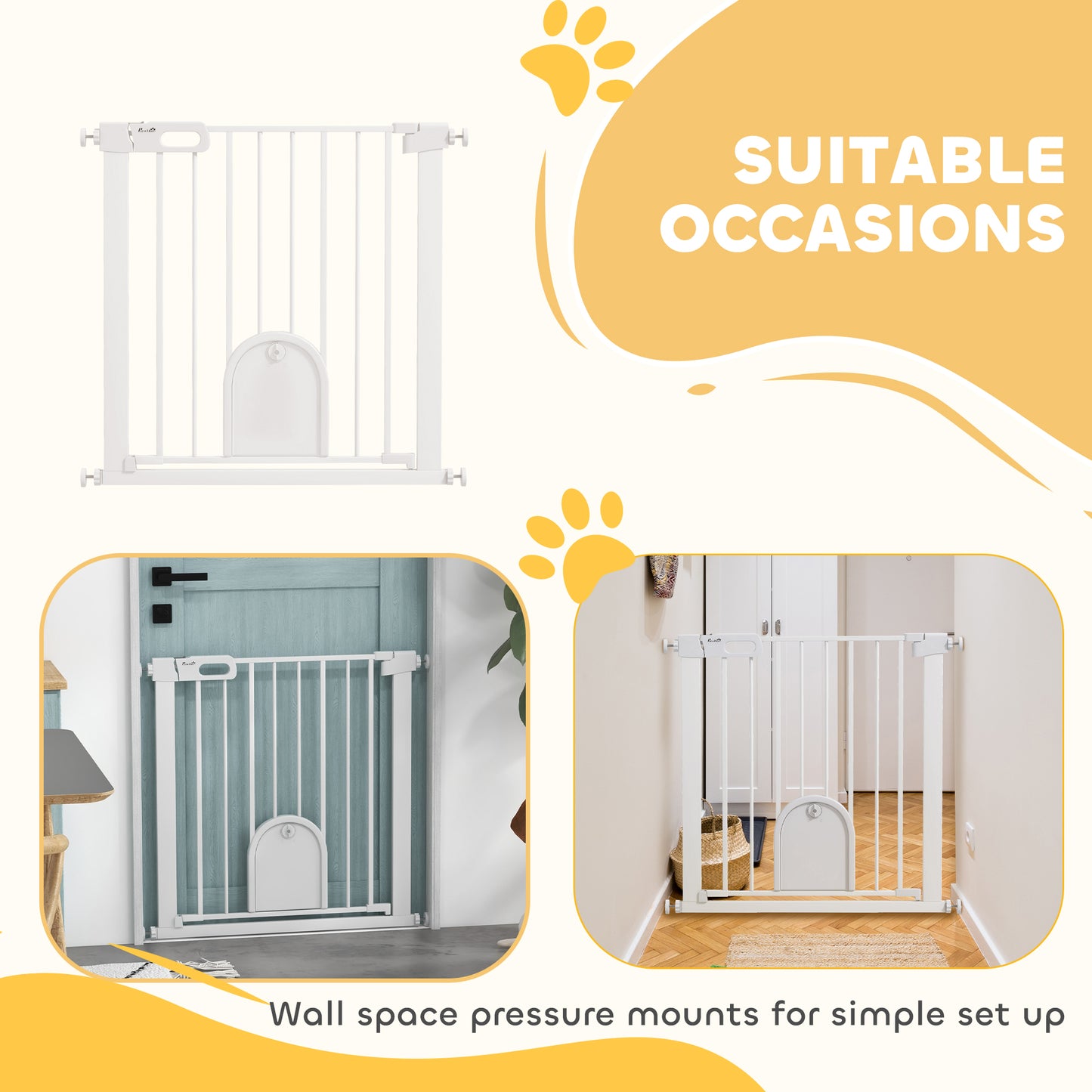 75-82cm Pet Safet Gaye, Pressure Fit Stair, with Cat Flap, Double Locking, White