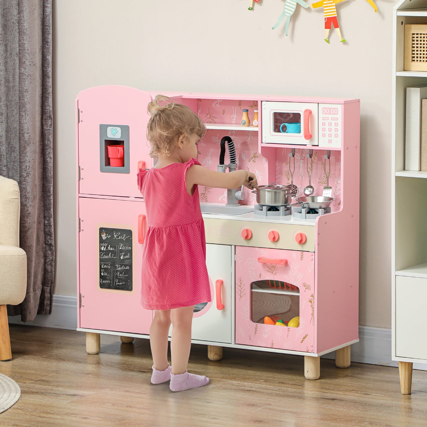 Play Kitchen, Kids Kitchen Set with Lights and Sounds, Double Stoves, Ice Maker, Chalkboard for 3+ Years, Pink