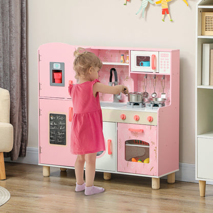 Play Kitchen, Kids Kitchen Set with Lights and Sounds, Double Stoves, Ice Maker, Chalkboard for 3+ Years, Pink