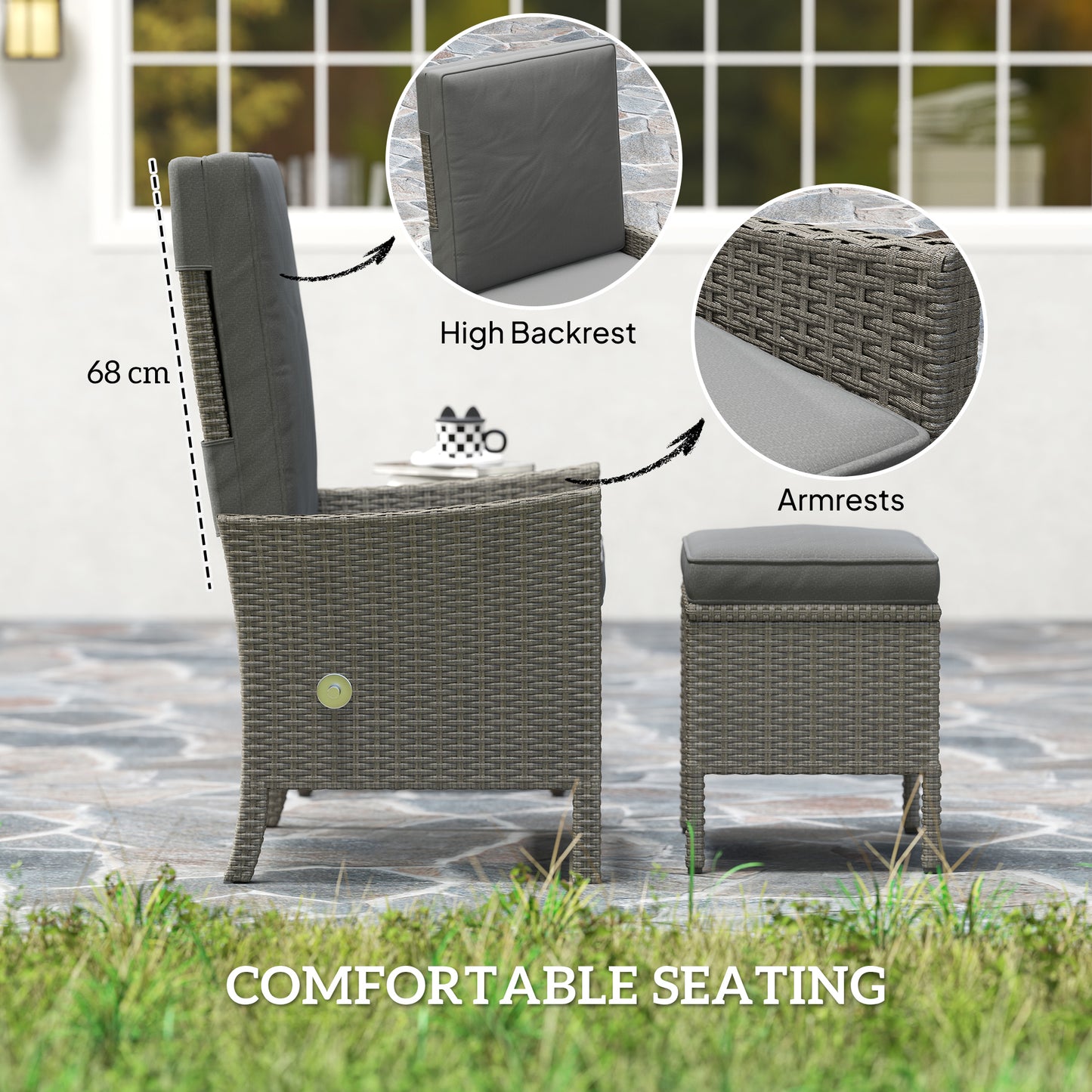 5 Piece Rattan Garden Furniture Set, Wicker Patio Sofa Set with 2 Armchairs, 2 Footstools, Glass Top Coffee Table with Shelf
