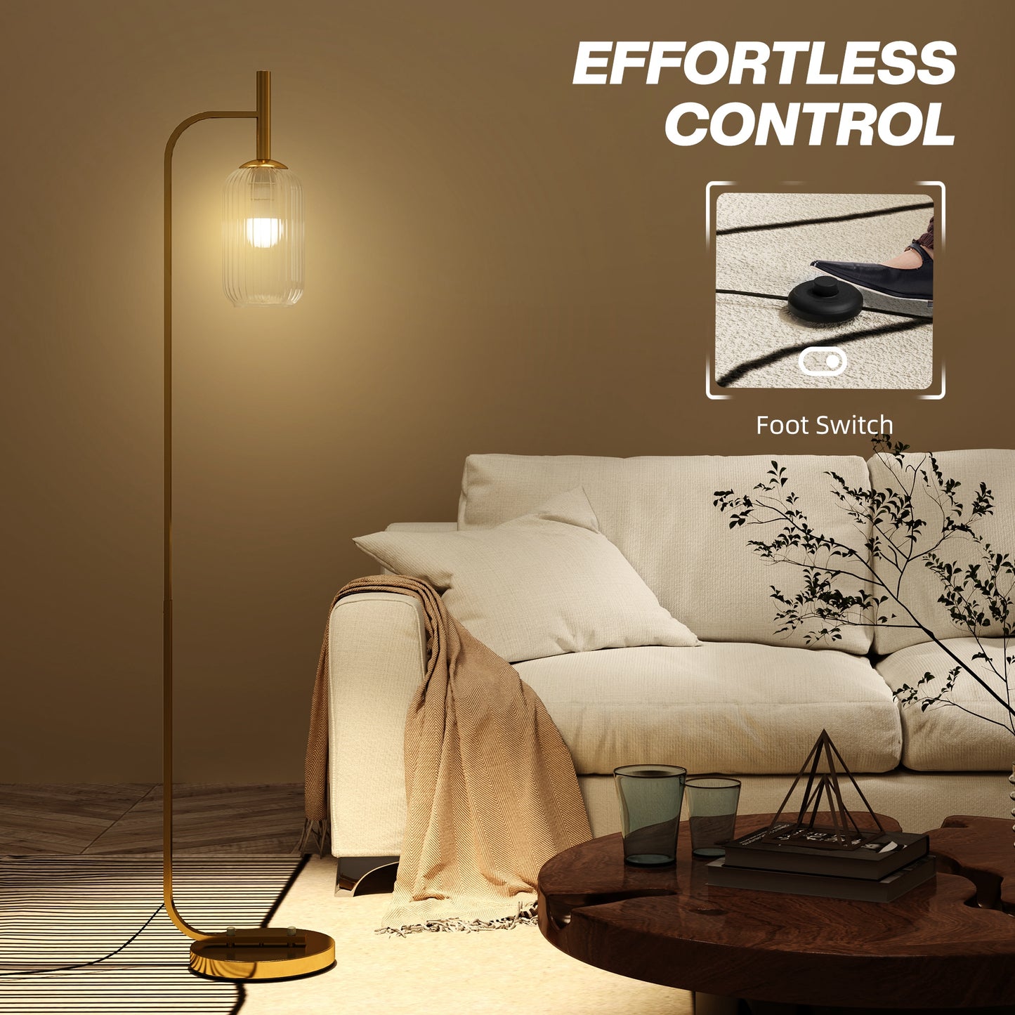 LED Floor Lamp for Living Room with Glass Lampshade, Modern Standing Lamp with Foot Switch, Adjustable Brightness