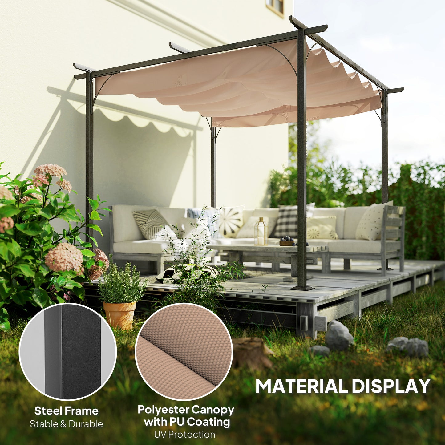 3 x 3(m) Metal Pergola with Retractable Roof, Garden Gazebo Metal Pergola Canopy for Party BBQ, Beige
