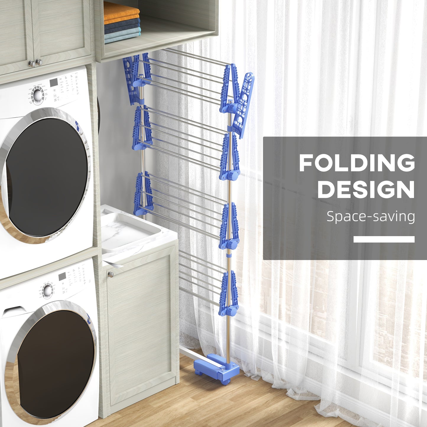 Four-Shelf Collapsing Clothes Horse, With Side Arms and Wheels - Blue