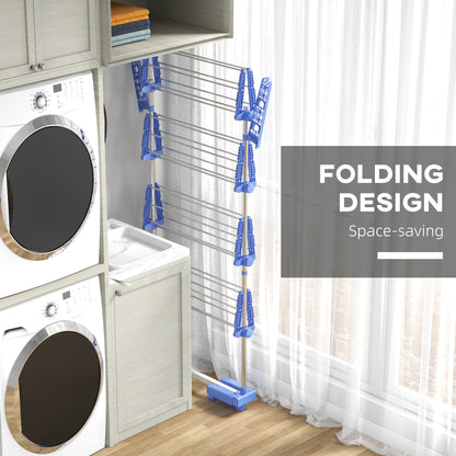Four-Shelf Collapsing Clothes Horse, With Side Arms and Wheels - Blue