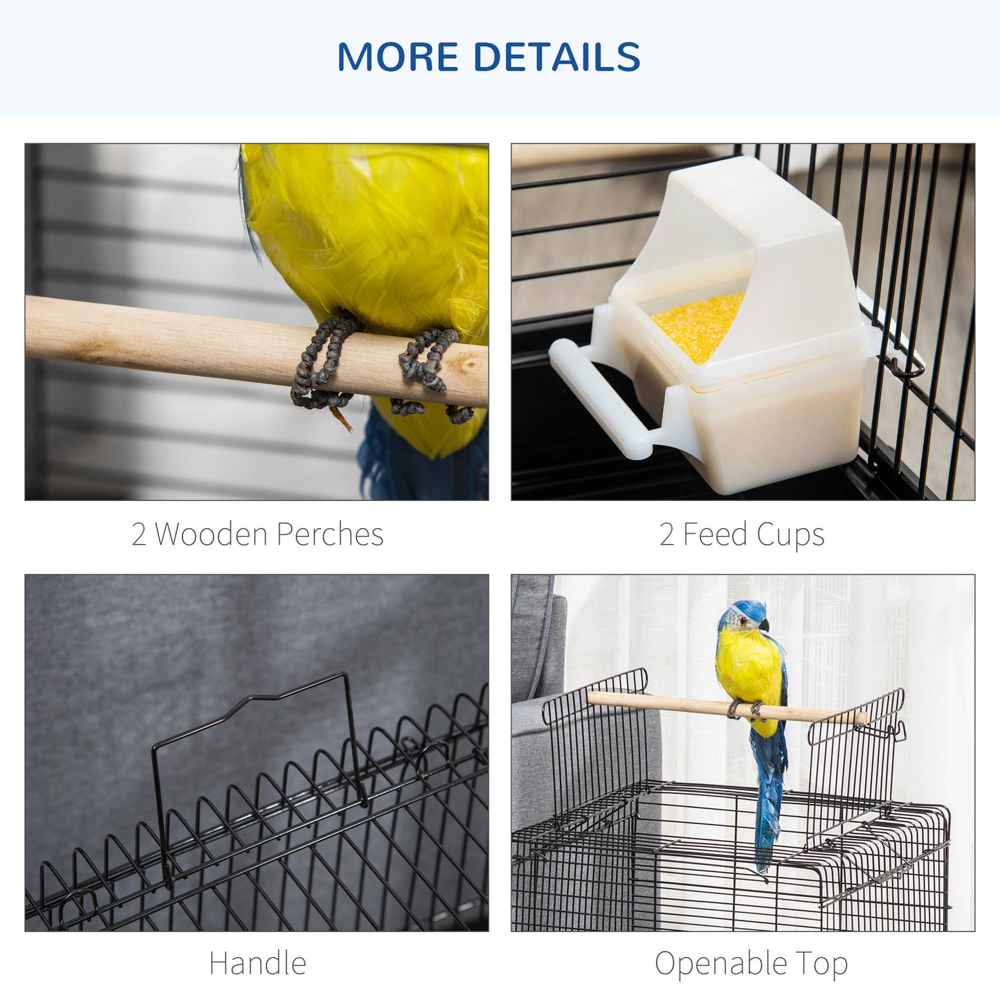 Steel Bird Cage with Openable Top, Stand, Tray, Handles, Feeding Bowls for Parakeet Cockatiel - Black