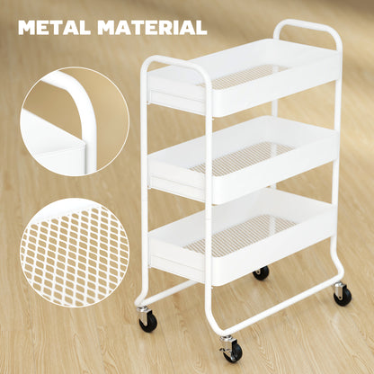 3-Tier Storage Trolley on Wheels, Rolling Utility Cart with Mesh Backets for Kitchen, Bathroom, Bedroom, White