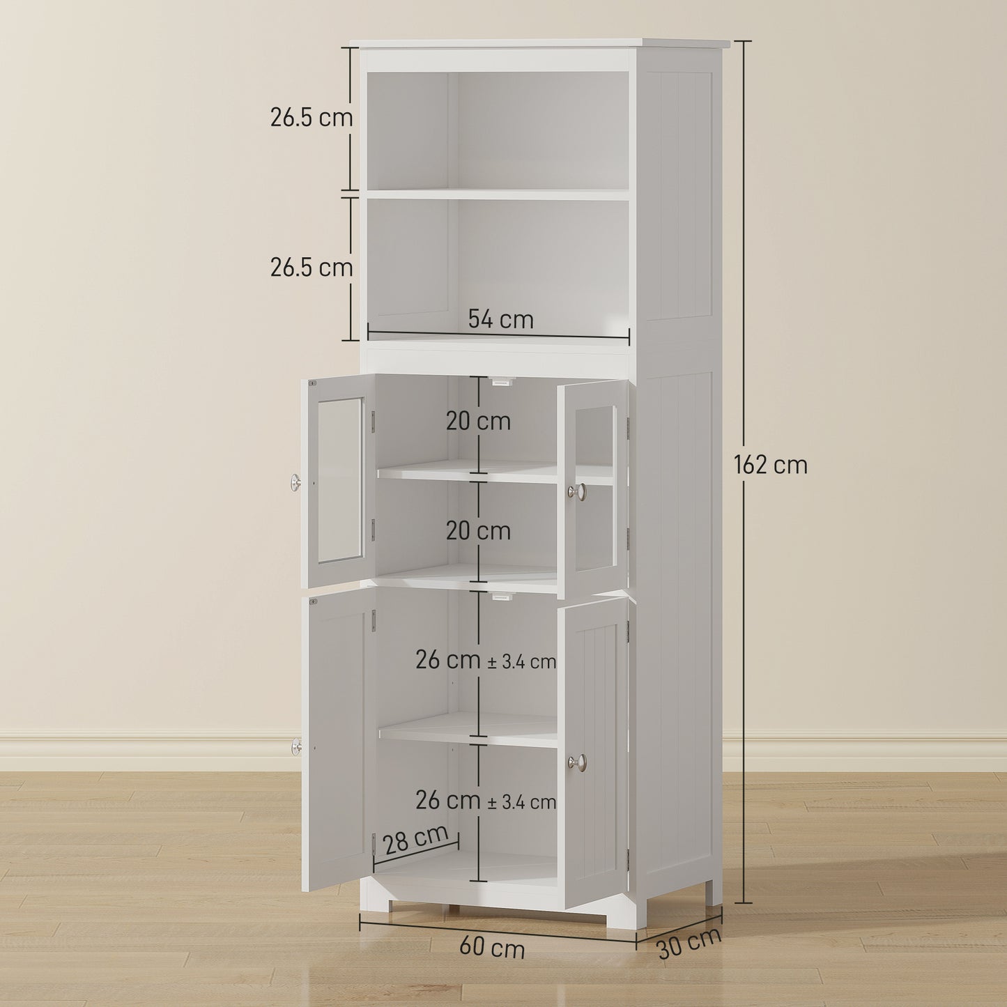 Freestanding Kitchen Cupboard, 4-Door Storage Cabinet with Adjustable Shelf and Glass Doors for Dining Room, Living Room