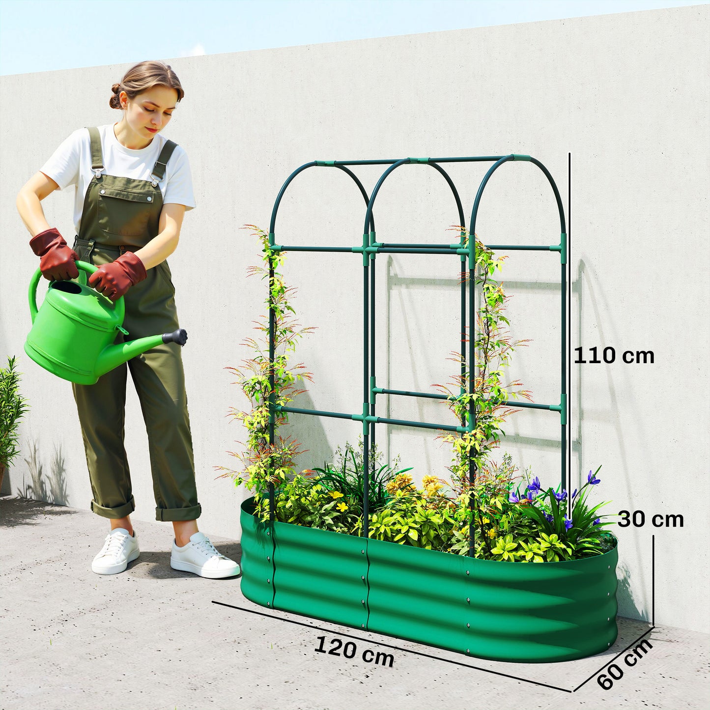 Galvanised Raised Garden Bed with Arched Trellis, 4 x 2 x 4.6ft Metal Raised Bed for Garden with Open Bottom, Green