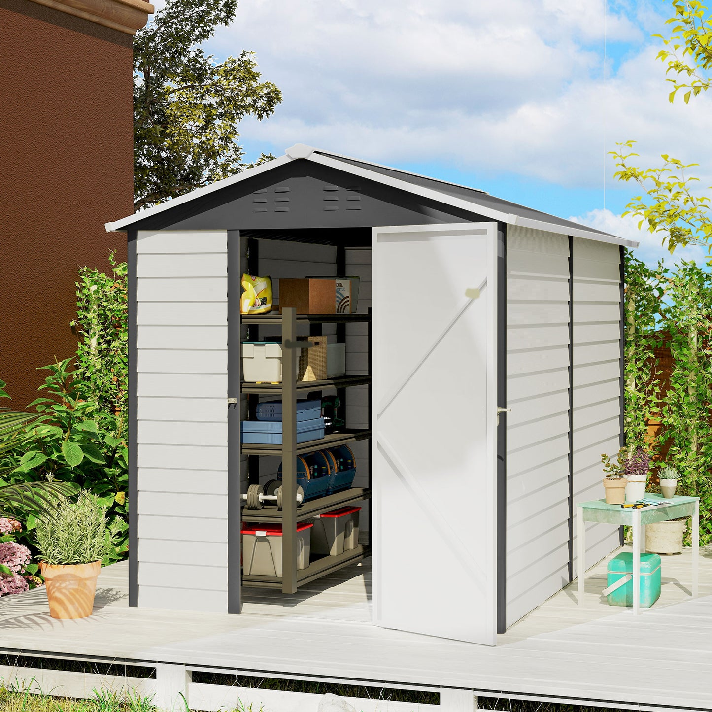 9x 6FT Metal Outdoor Garden Shed, Galvanised Tool Storage Shed w/ Sloped Roof, Lockable Door for Patio Lawn, Dark Grey