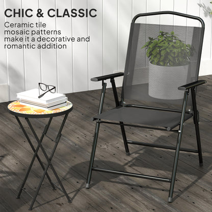Mosaic Outdoor Garden Table, 35.5cm Round Folding Coffee Table with Metal Frame for Balcony Terrace, Yellow