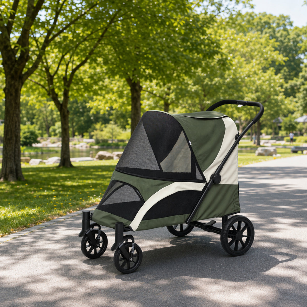Foldable Pet Stroller for Medium Dogs with Four Big Wheels, Shock-Absorbing Frame, Safety Leashes, Brakes, Dark Green