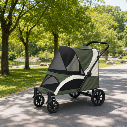 Foldable Pet Stroller for Medium Dogs with Four Big Wheels, Shock-Absorbing Frame, Safety Leashes, Brakes, Dark Green