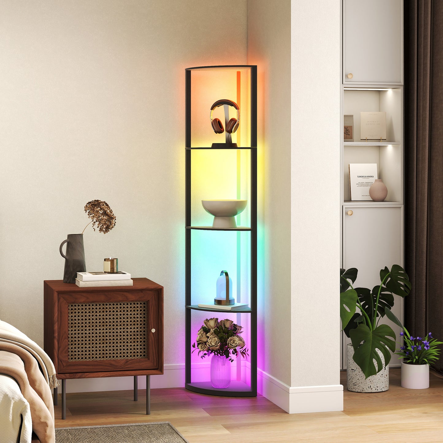 RGB LED Floor Lamp with Shelves, 4-Tier Dimmable Standing Lamp with Remote Control, Black