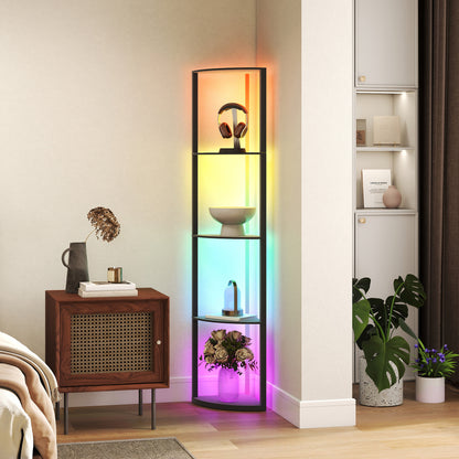 RGB LED Floor Lamp with Shelves, 4-Tier Dimmable Standing Lamp with Remote Control, Black