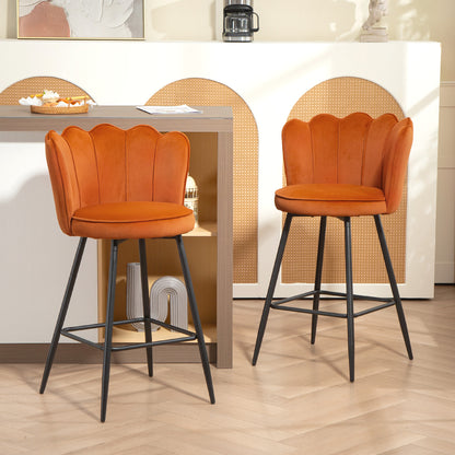 Set of Two Velvet-Feel Lotus Bar Stools - Orange
