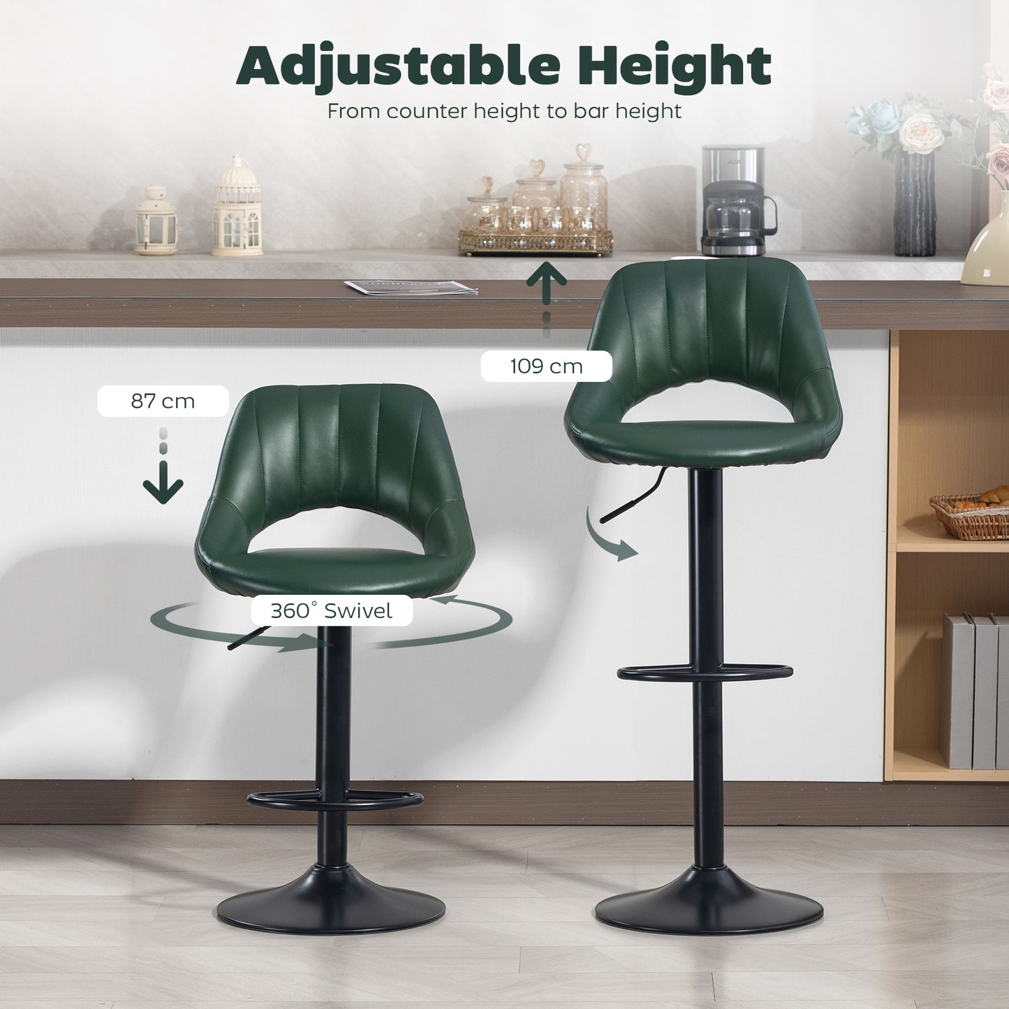 Set of Two Faux Leather Bar Stools - Dark Green