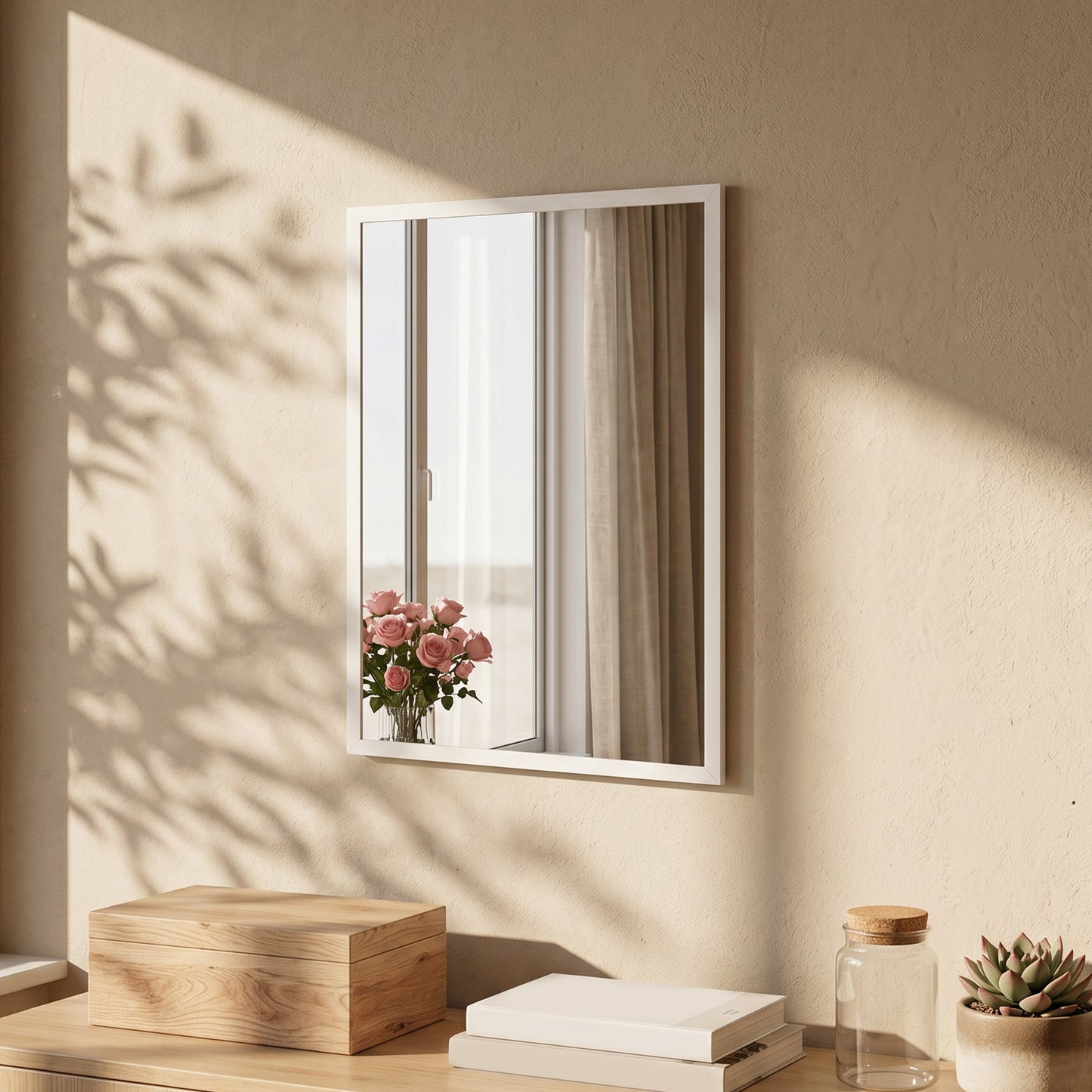 Wall-Mounted Bathroom Mirror, 70 x 50 cm Wall Mirror for Living Room, Bedroom, Hallway, White