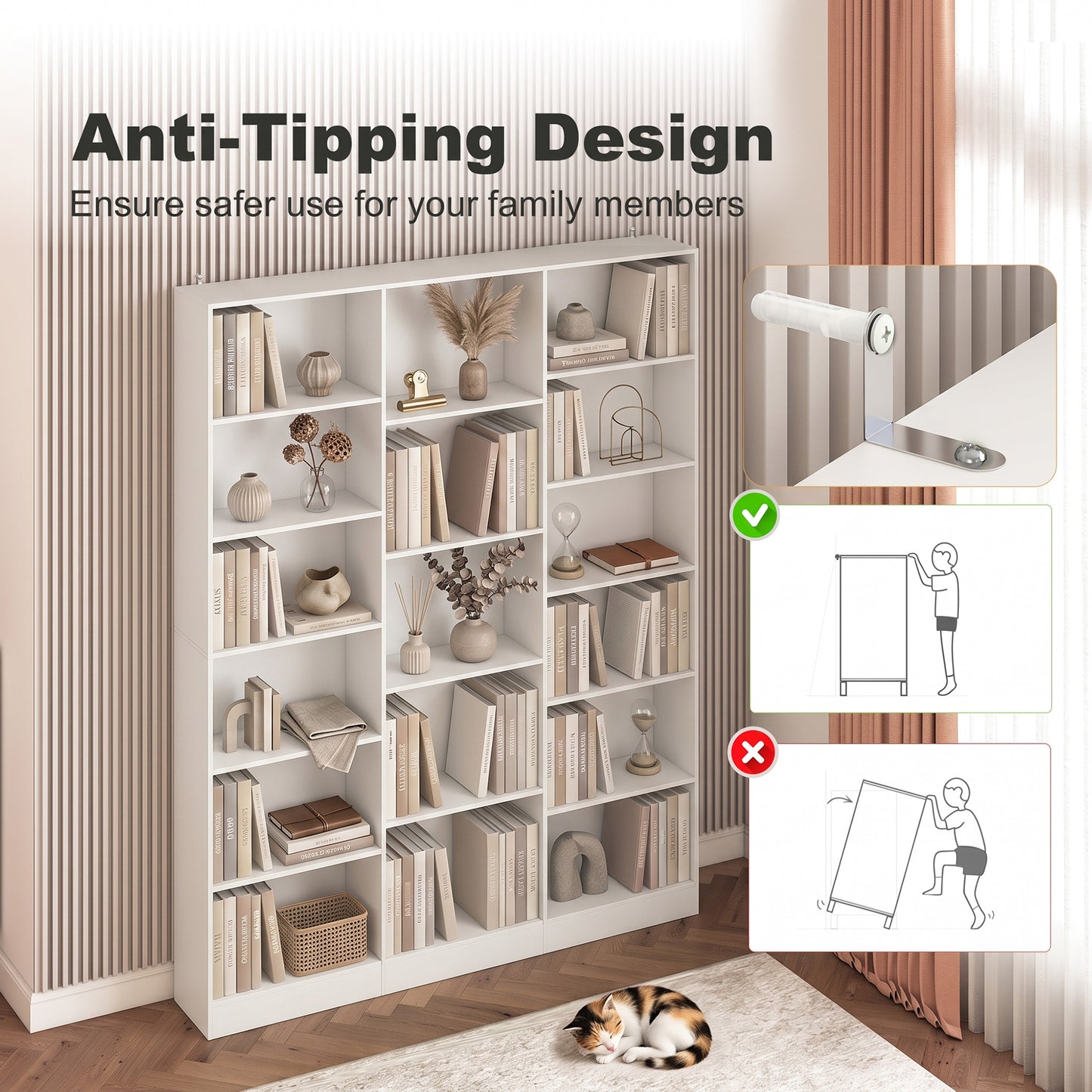 Bookcase with Open Storage, 6-Tier Bookshelf with Anti-Tipping Hardware, White
