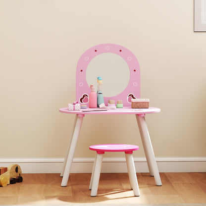 Kids Dressing Table with Mirror and Stool, Girls Vanity Set for Kids Room, Bedroom, Nursery, for Ages 3–6 Years, Pink