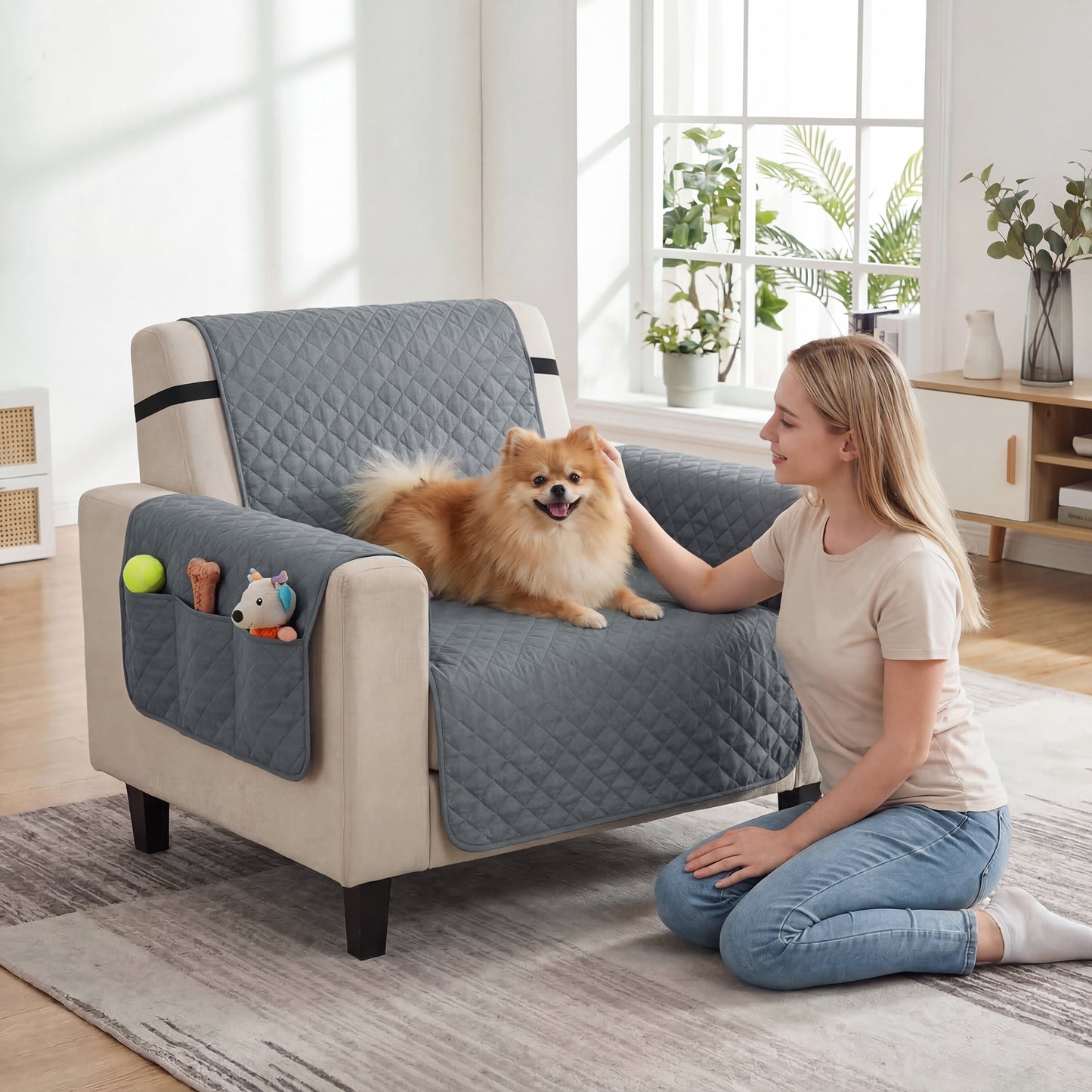 Waterproof Sofa Cover, Soft Couch Cover for Dogs Cats Pets, Non Slip Sofa Slipcoevr with Elastic Straps
