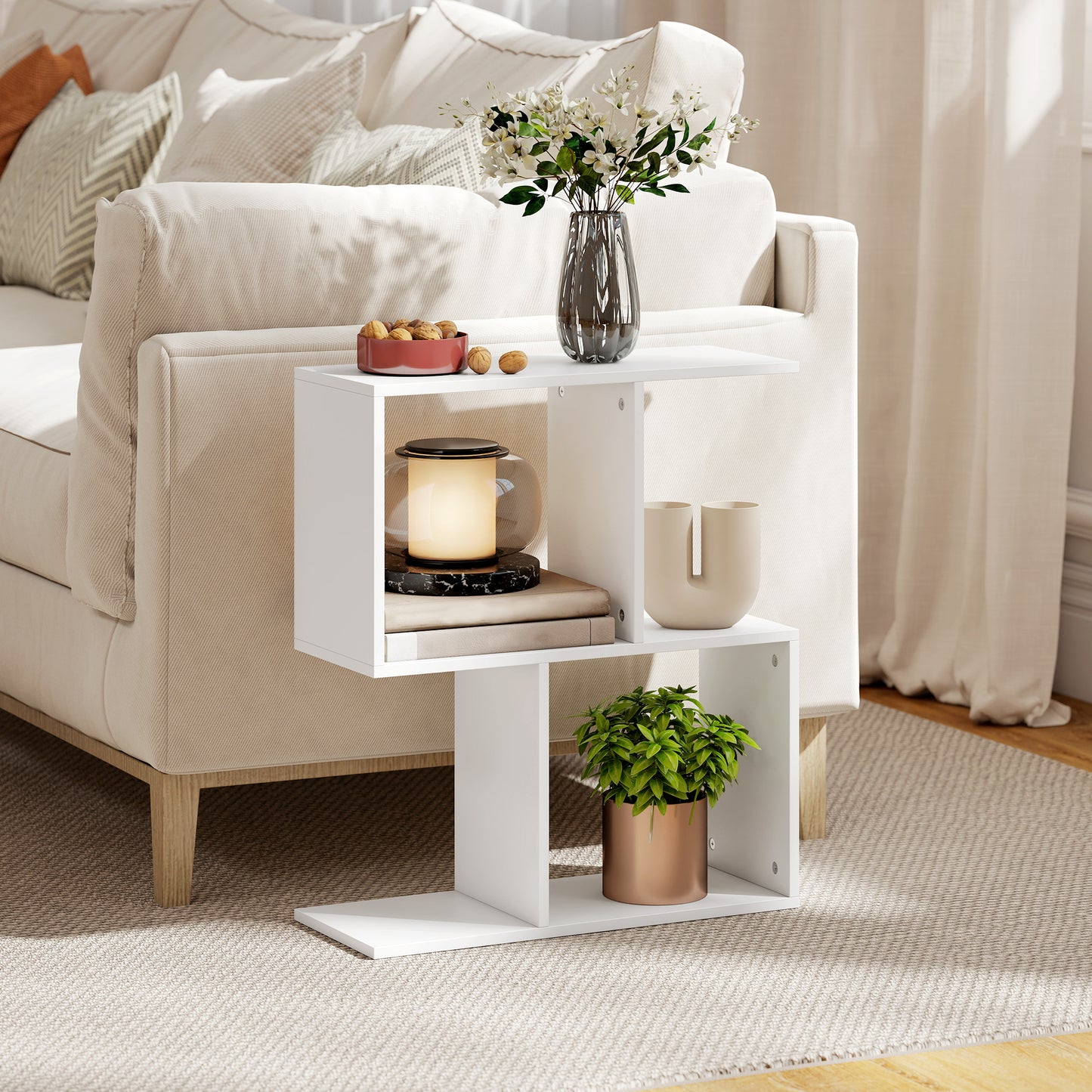 Side Table, Narrow End Table with Storage Shelves, S-Shaped, 3-Tier, 50W x 19.5D x 58H cm, White