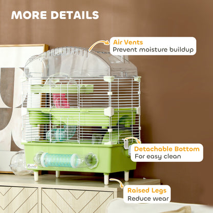 3-Tier Hamster Cage with Transparent Top, Sand Bathroom, Exercise Wheel, Hideout Room, Tubes, 45 x 28 x 60 cm, Green