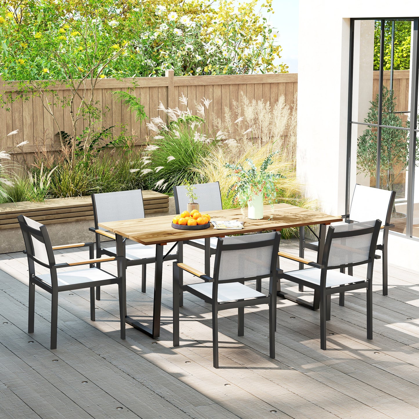 6 Seater Wooden Garden Dining Table, 175 x 80 cm Rectangular Outdoor Dining Table with 5cm Parasol Hole and Slatted Top