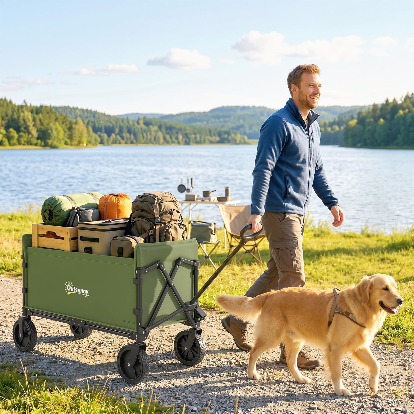 180L Festival Trolley on Wheels, Folding Compact Camping Trolley Cart with Adjustable Handle, 120 KG Capacity for Garden