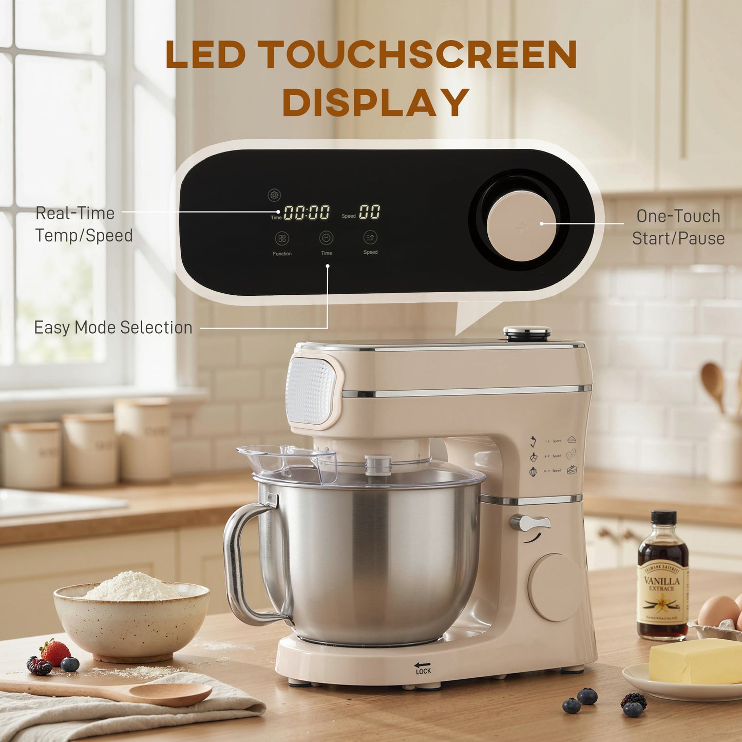 Stand Mixer, 6L 1400W Tilt-Head Food Mixer with 11 Speeds, Pulse & Fermentation Function, LED Display, Cream