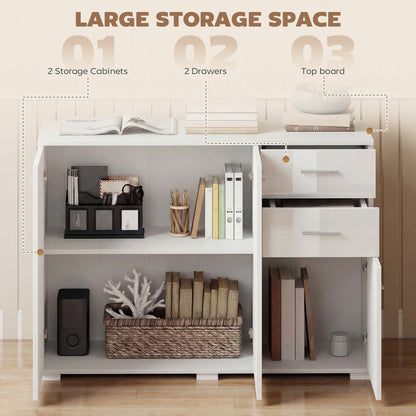 Sideboard, Modern Storage Cabinet with 2 Drawers, 3 Doors and Adjustable Shelves, High Gloss White
