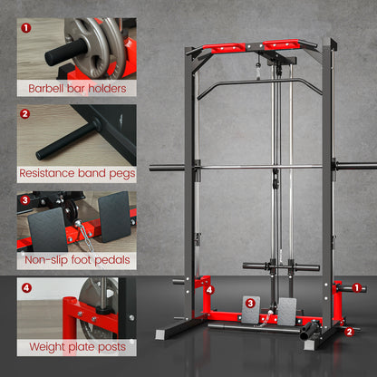 Cable Crossover Machine, Multi-Function Power Rack with Pull Up Bar, Lat Pull Down System, Squat Rack, Barbell Bar