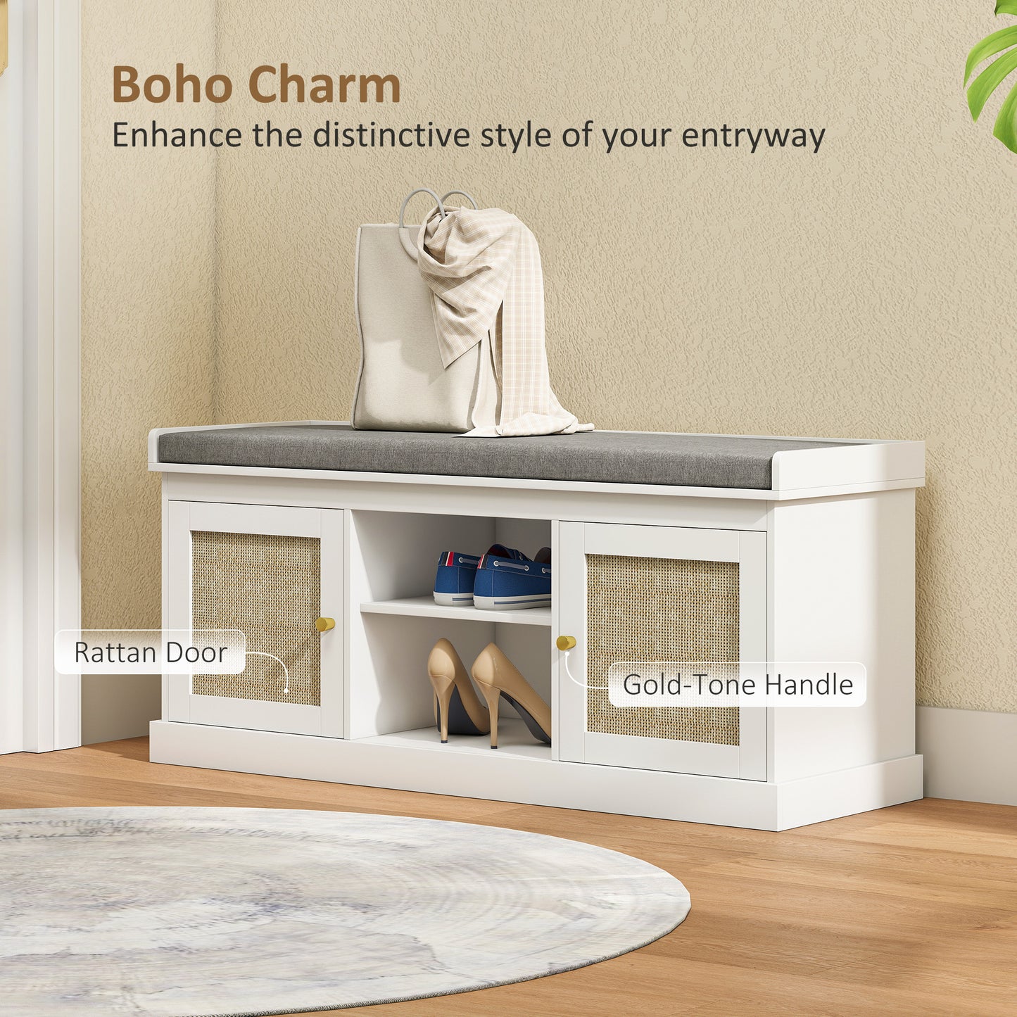 Boho Shoe Storage Bench with Padded Cushion and Rattan Doors - White