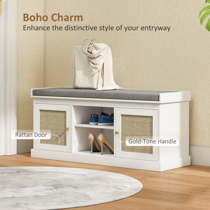 Boho Shoe Storage Bench with Padded Cushion and Rattan Doors - White