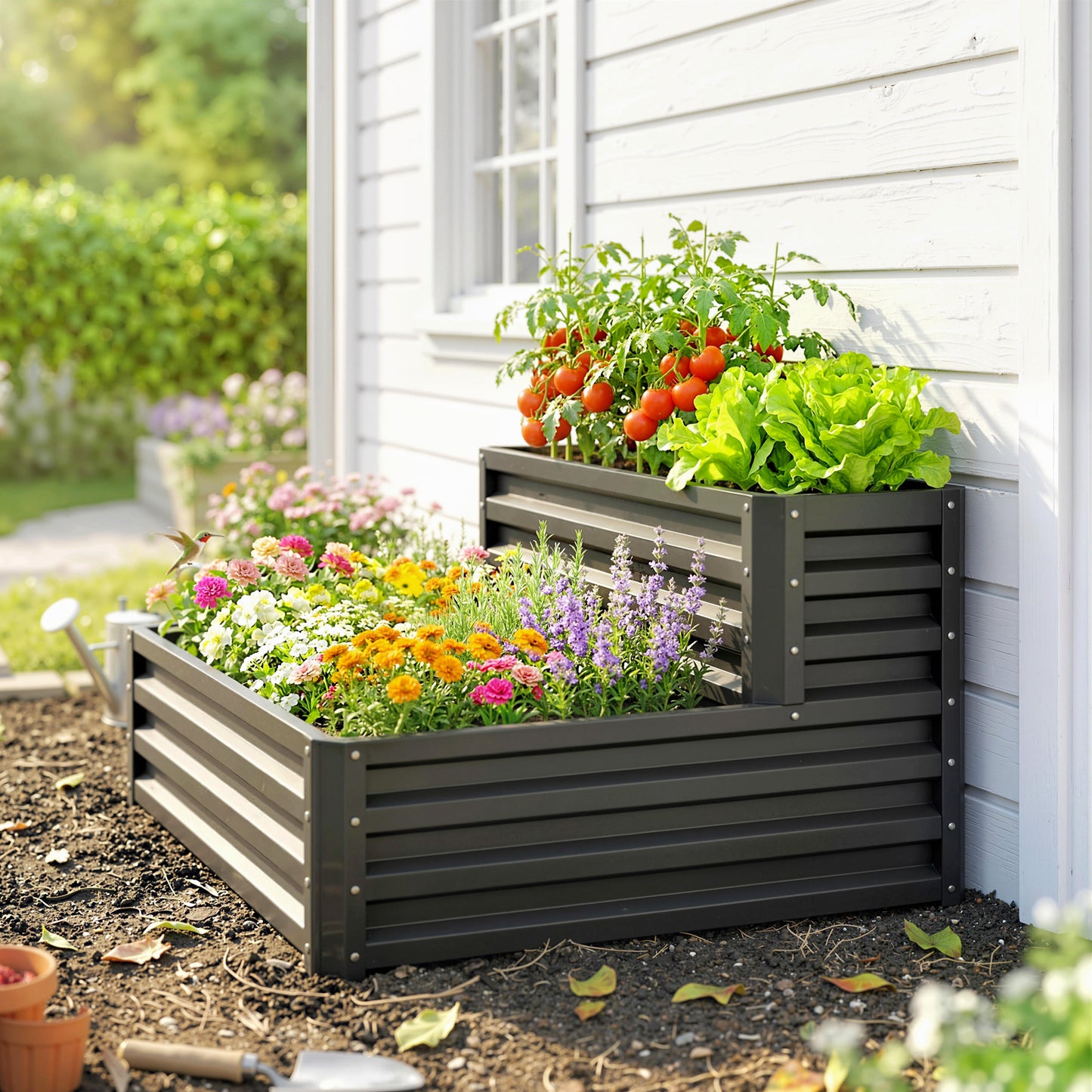 2 Tier Raised Garden Bed, Galvanised Planter Box with Open Bottom for Vegetables Flowers Herbs, 120x101x58cm, Dark Grey