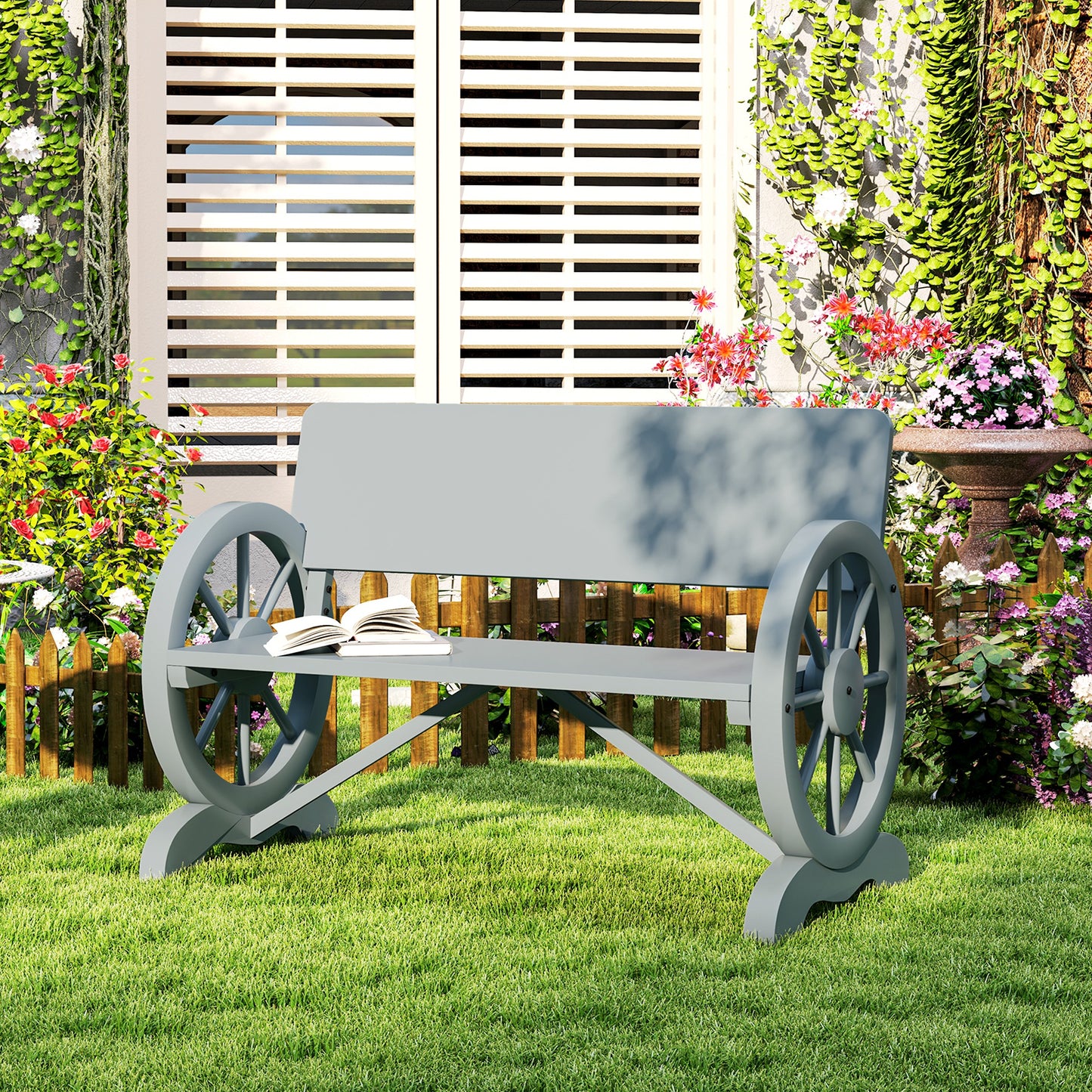Fir Wood 2-Seater Outdoor Garden Wagon Wheel Bench, Grey
