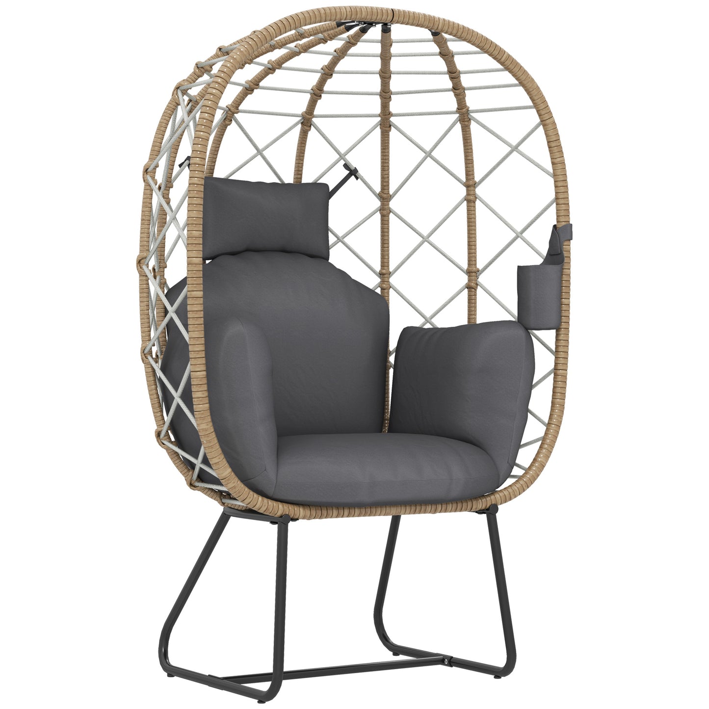 Rattan Egg Chair Outdoor Indoor Wicker Chair with Thickened Cushion and Headrest, Standing Garden Egg Chair with Cup Holder