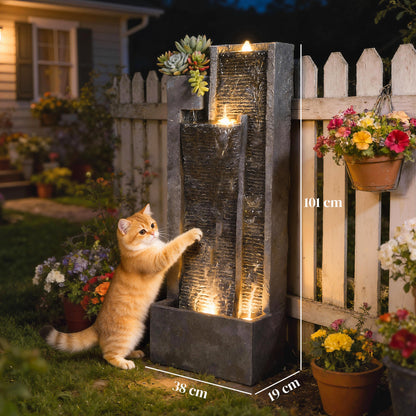 Water Feature with LED Lights and Planter, 3-Tier Garden Water Fountain with Pump, Resin Waterfall Feature, Dark Grey