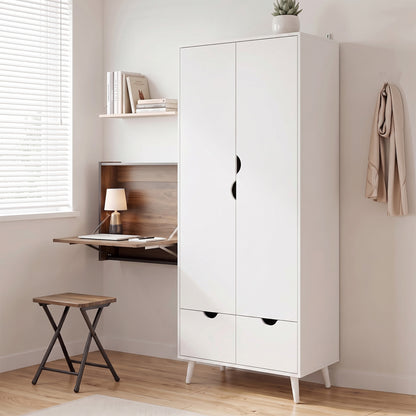 Elegant Home Storage Organisation Furniture, 2-Door Clothes Wardrobe with 2 Drawers, Wood Feet, White