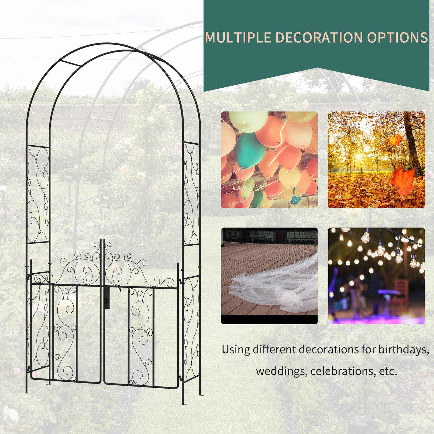 Outdoor Garden Arch with Double Gates, Metal Garden Arbor for Climbing Plants, Roses, Vines, Wedding Arch for Outdoor