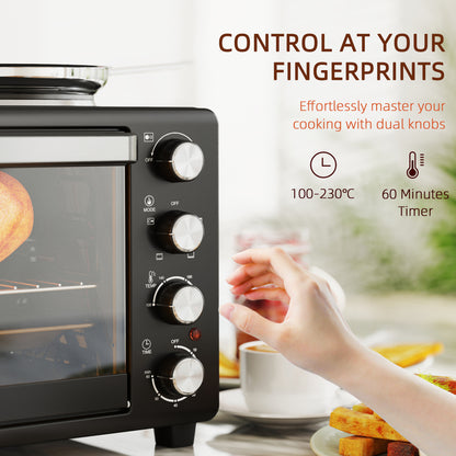 28L Toaster Oven with Double Hotplate, 1600W Countertop MIni Oven with 60 Minute Timer & 230°C Temp Control