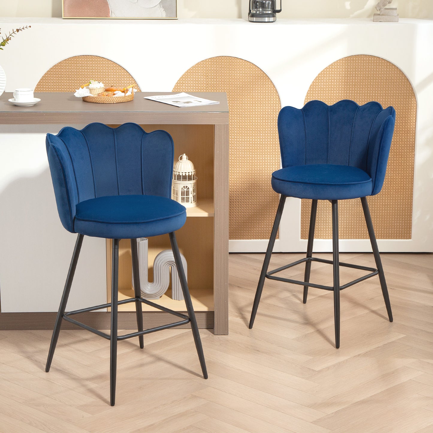 Set of Two Velvet-Feel Lotus Bar Stools - Dark Blue