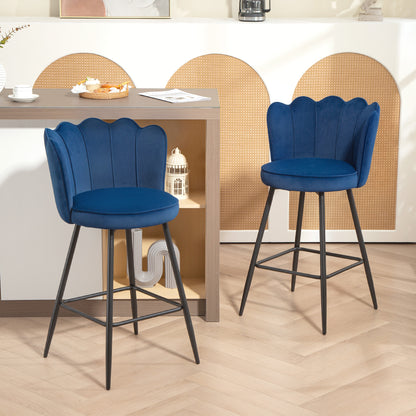 Set of Two Velvet-Feel Lotus Bar Stools - Dark Blue