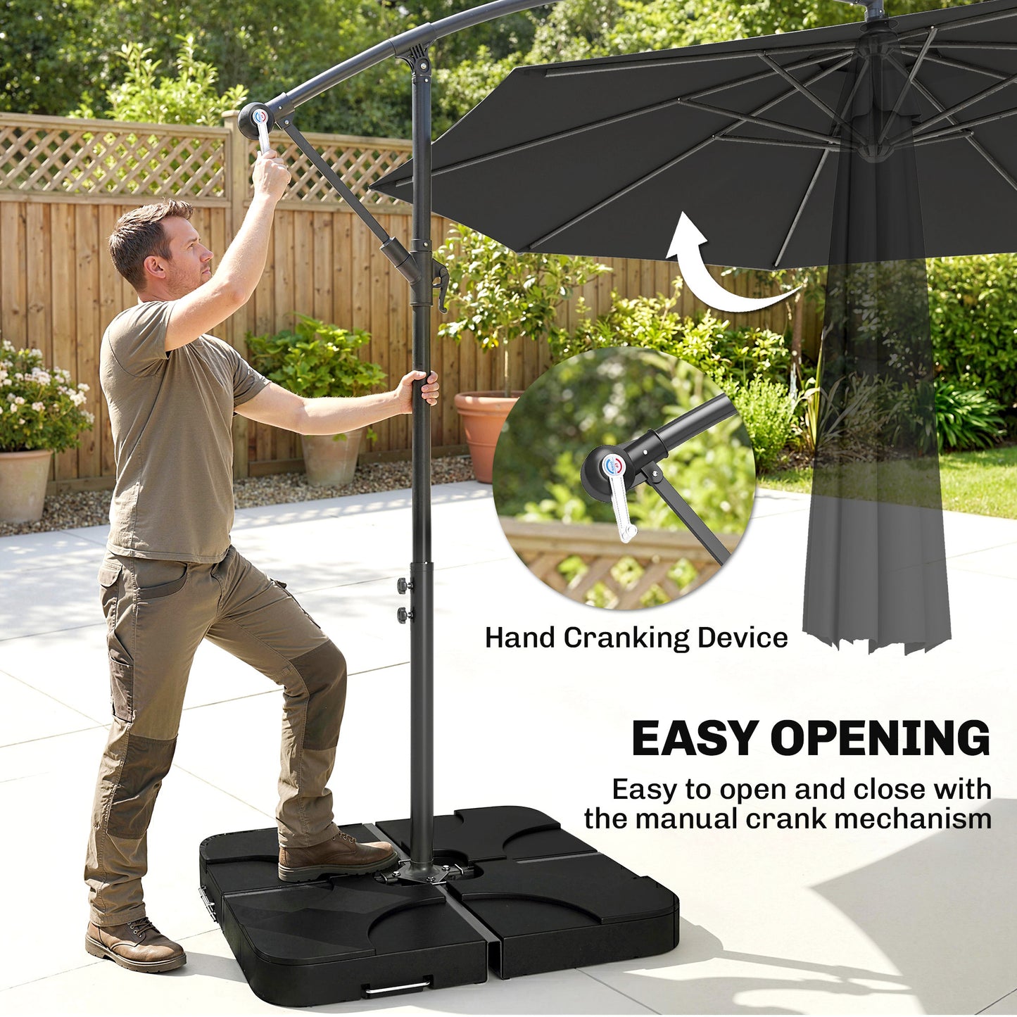 3m Overhanging Parasol, with Base, Weights and Cover - Black