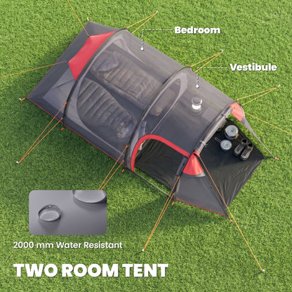 2 Man Tunnel Tent with Sewn-in Groundsheet, Air Vents, Rainfly, 2000mm Large Camping Tent with Bedroom, Porch